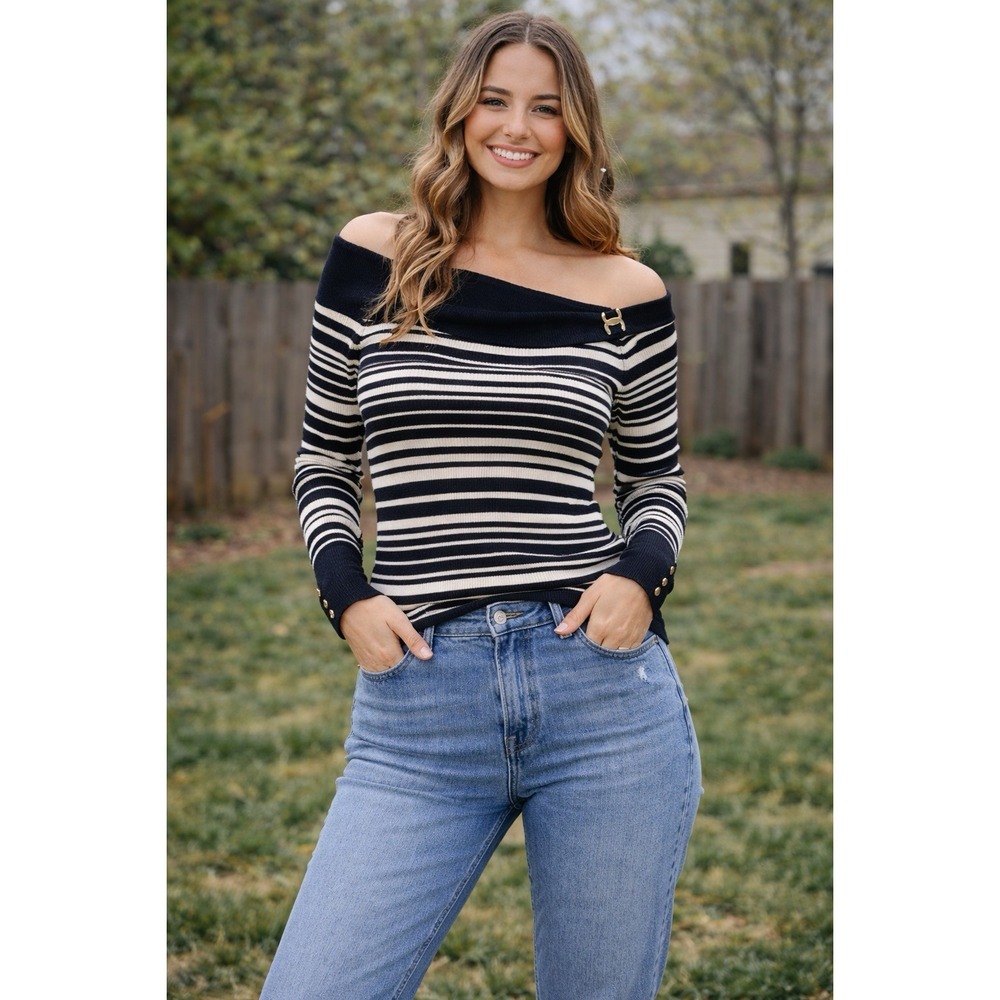 White House Black Market Striped Off Shoulder Sweater Black Slim Knit Chic Top M